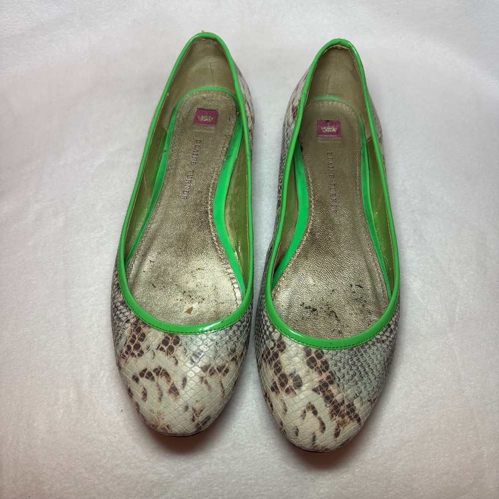 Elaine Turner Snakeskin Print Ballet Flats Neon Green Trim Gold Insole